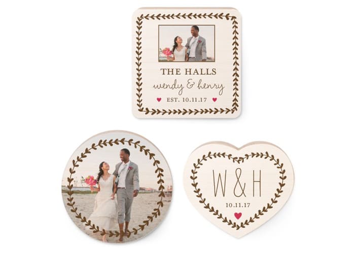 A set of custom wooden magnets for a happy couple.