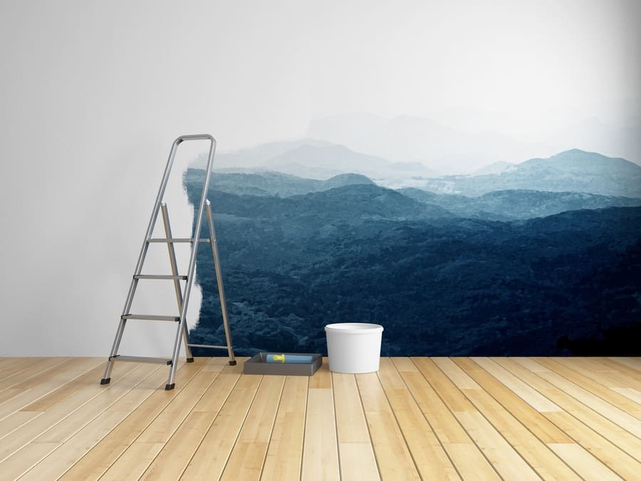 Repairs in room with painting of mountains on wall. 3D illustration.