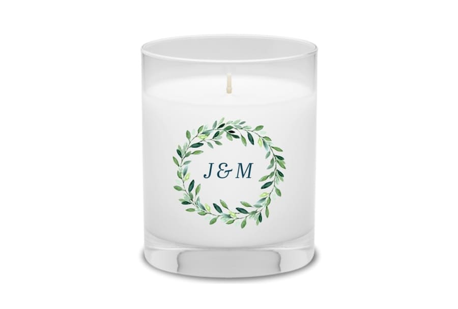 Personalized candle with foliage wreath and initials