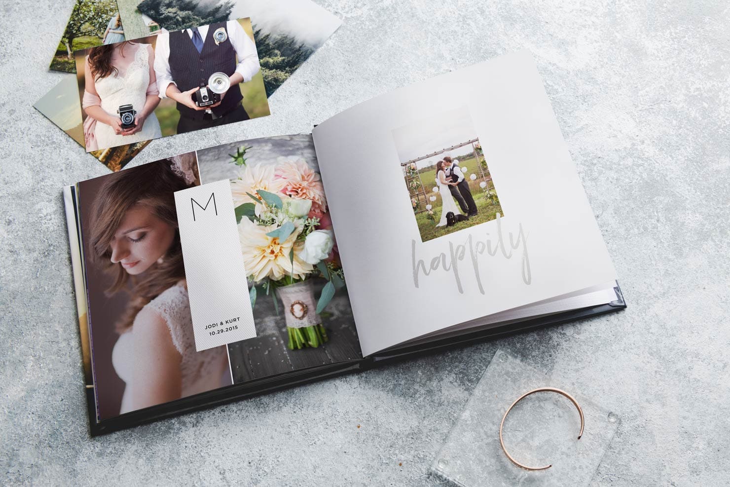 modern wedding album layflat on table with personalized captions